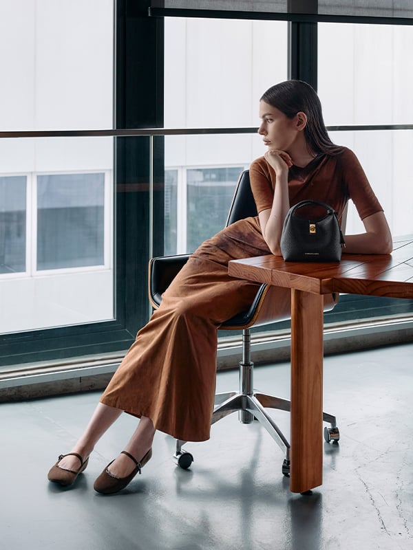 Black Mini Chance Turn-Lock Bucket Bag and Dark Brown Shila Chain Mary Jane Flats - CHARLES & KEITH