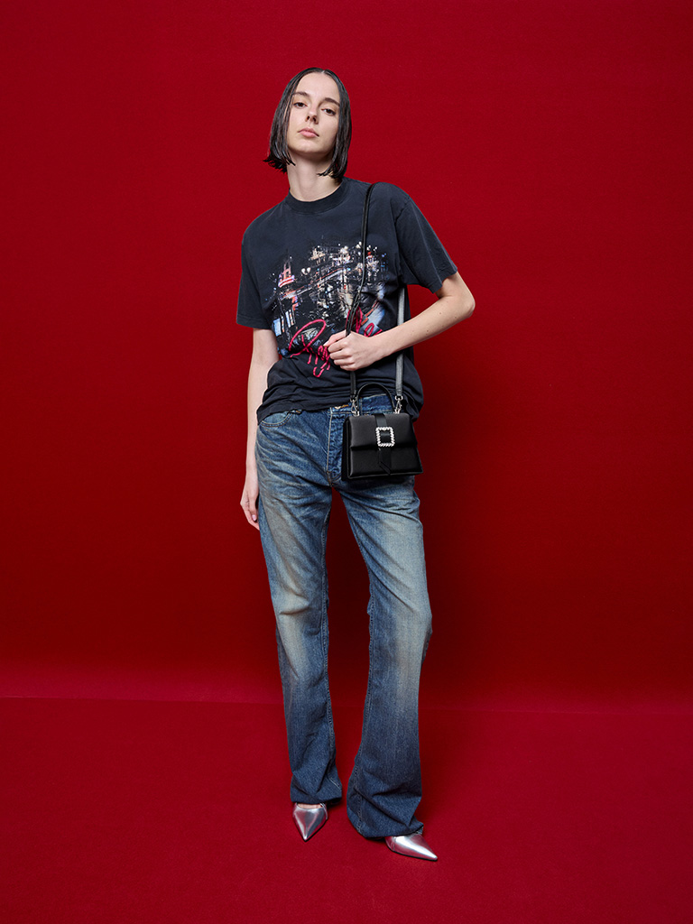 Satin Crystal-Buckle Belted Top Handle Bag in black — CHARLES & KEITH