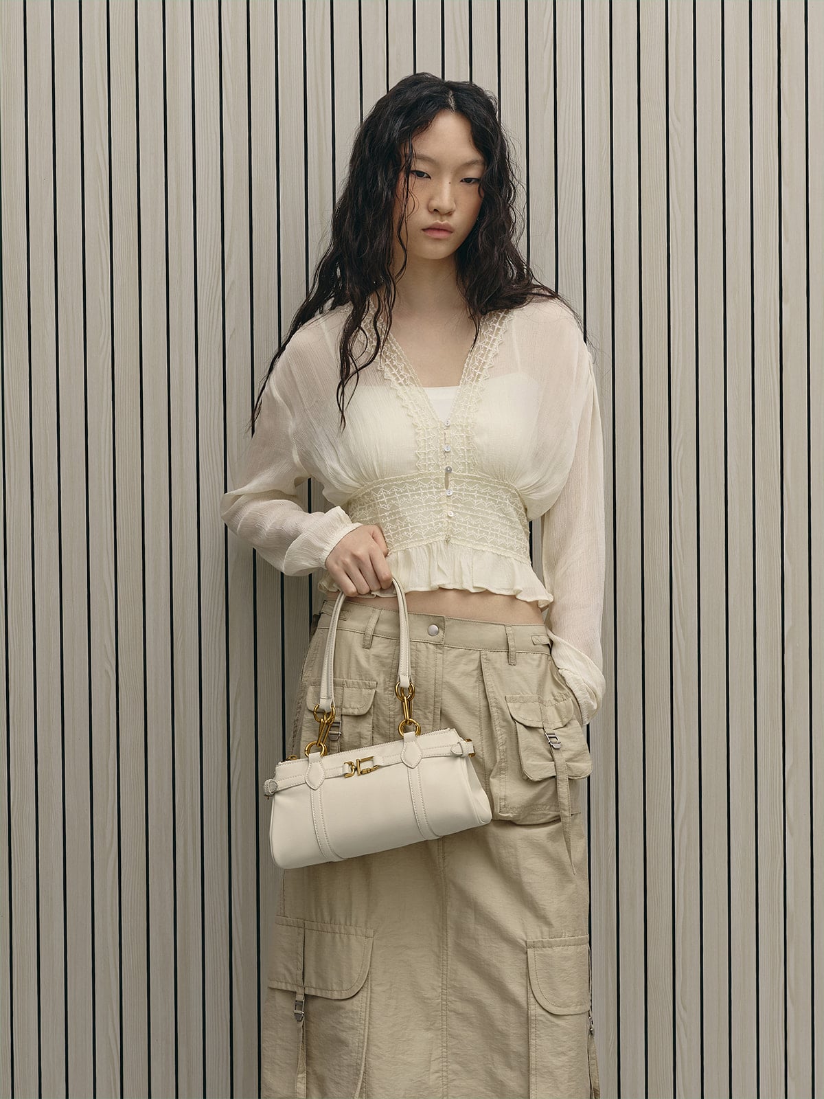 Cream Gwynne Metallic-Accent Elongated Shoulder Bag -  CHARLES & KEITH