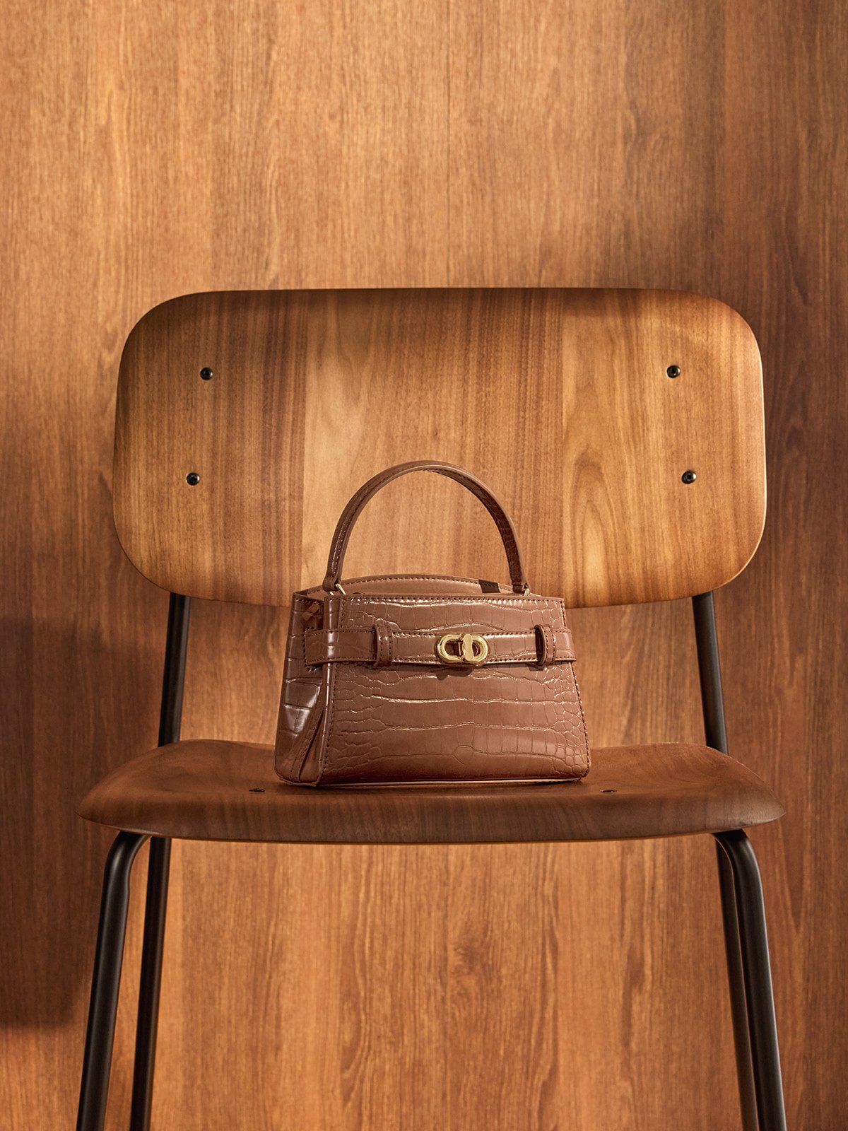 Chocolate Aubrielle Croc-Effect Top Handle Bag - CHARLES & KEITH