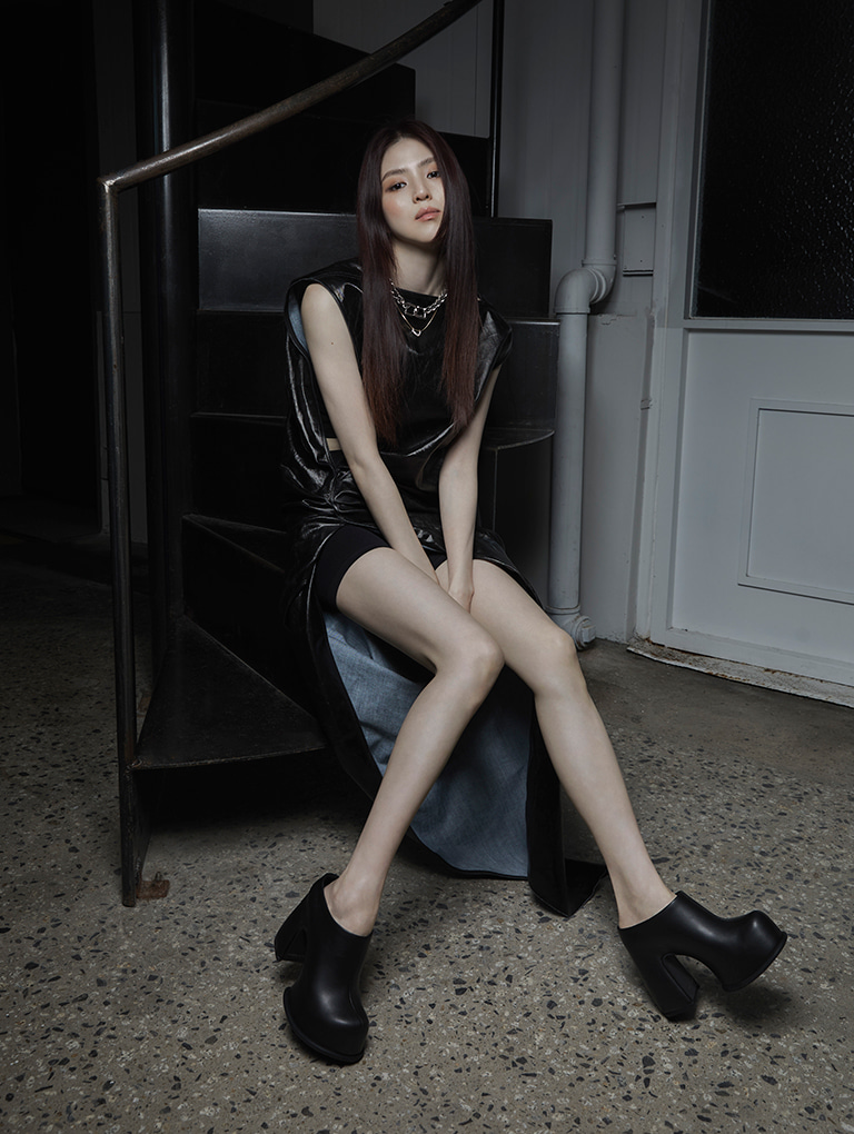 Women’s Pixie platform mules in black, as seen on Han So Hee (sitting) - CHARLES & KEITH