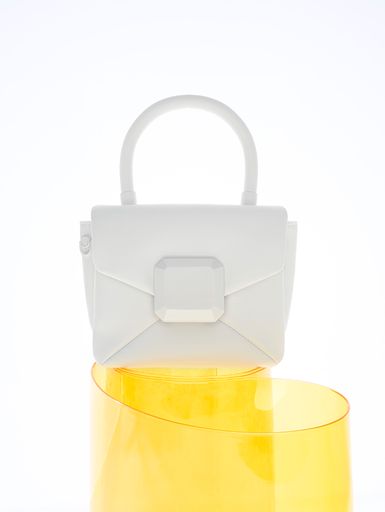 Geometric Push-Lock Top Handle Bag in white - CHARLES & KEITH