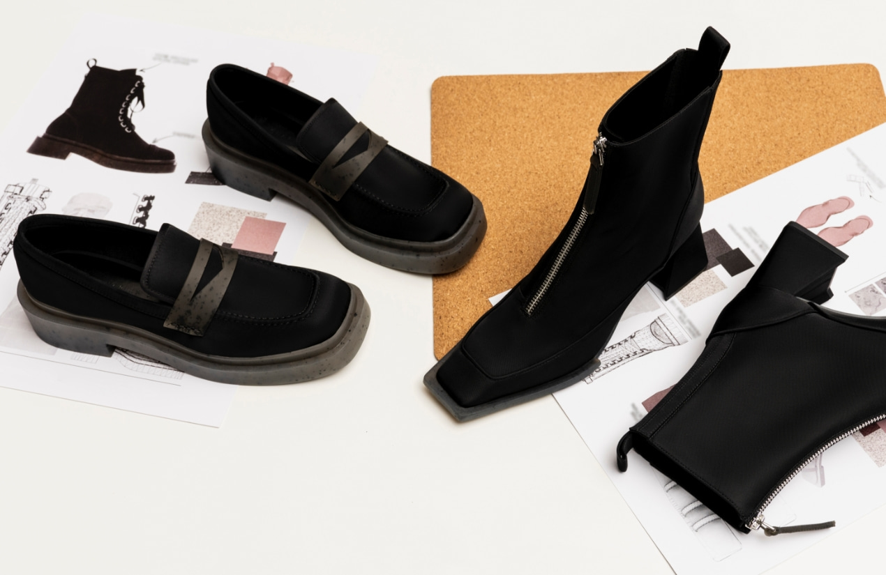 Women’s Charli recycled nylon penny loafers in black and Rylee recycled nylon ankle boots in black - CHARLES & KEITH