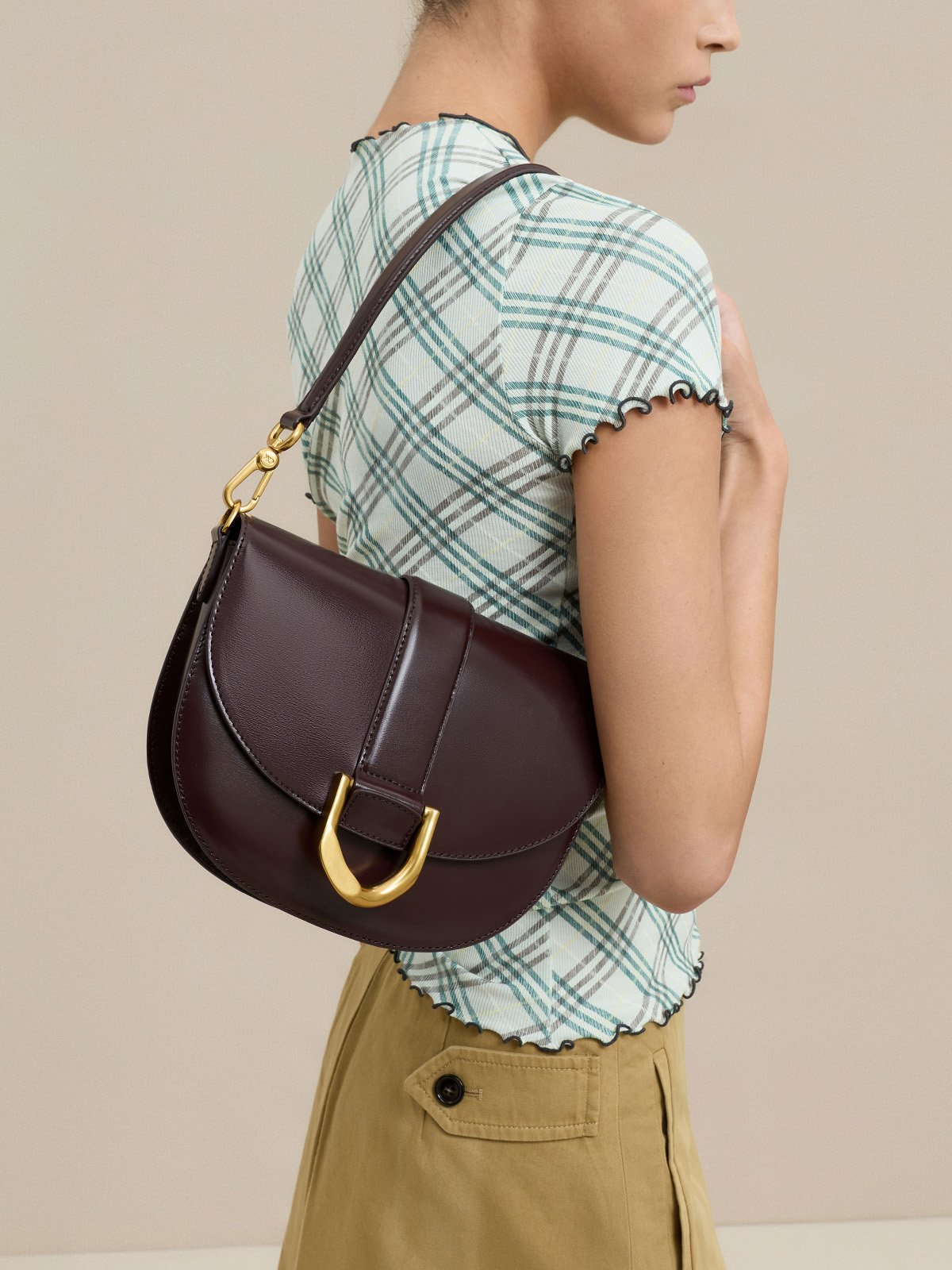 Dark brown Gabine Leather Saddle Bag - CHARLES & KEITH