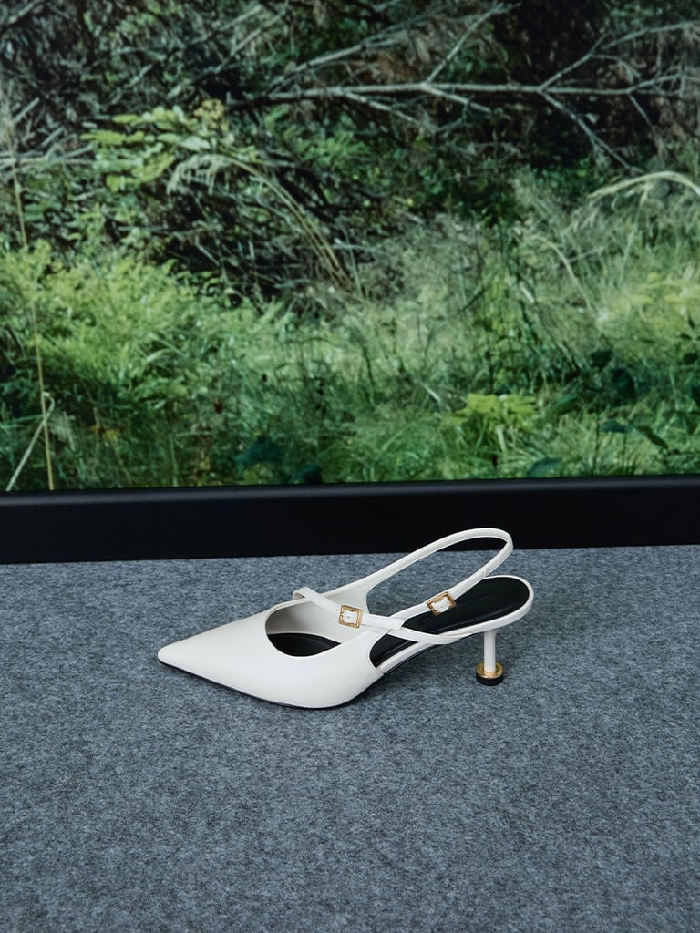 Buckled Sculptural-Heel Slingback Pumps in white — CHARLES & KEITH