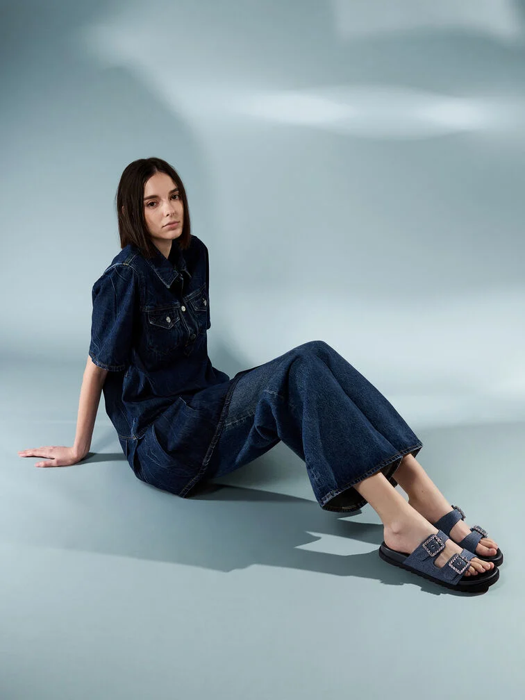 Gem-embellished denim sandals will add a fun sparkle to a casual full-denim outfit.