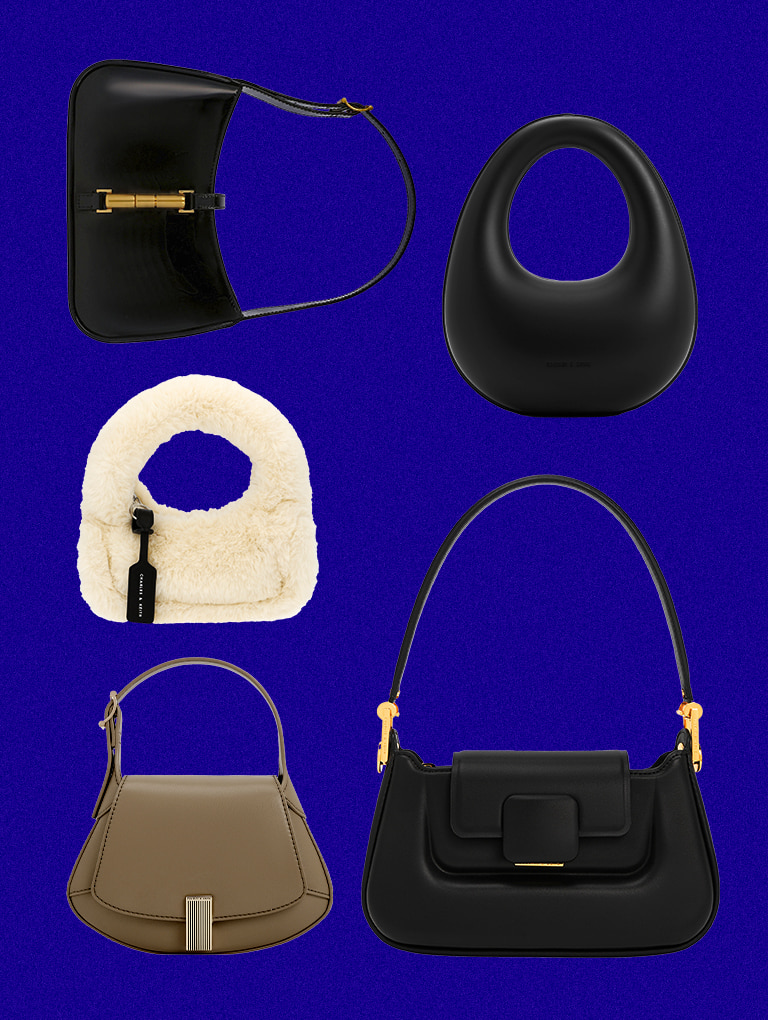 Women’s Mini Yama Furry Top Handle Bag, Koa Push-Lock Top Handle Bag, Metallic-Accent Curved Top Handle Bag, Cesia Metallic Accent Shoulder Bag and Sculptural Top Handle Moon Bag - CHARLES & KEITH