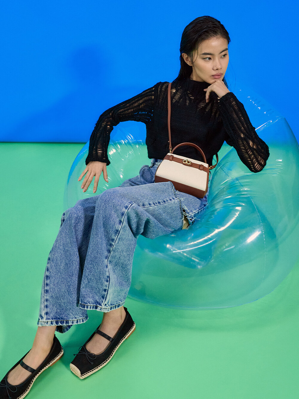 Women’s Aubrielle canvas two-tone top-handle bag in taupe canvas - CHARLES & KEITH