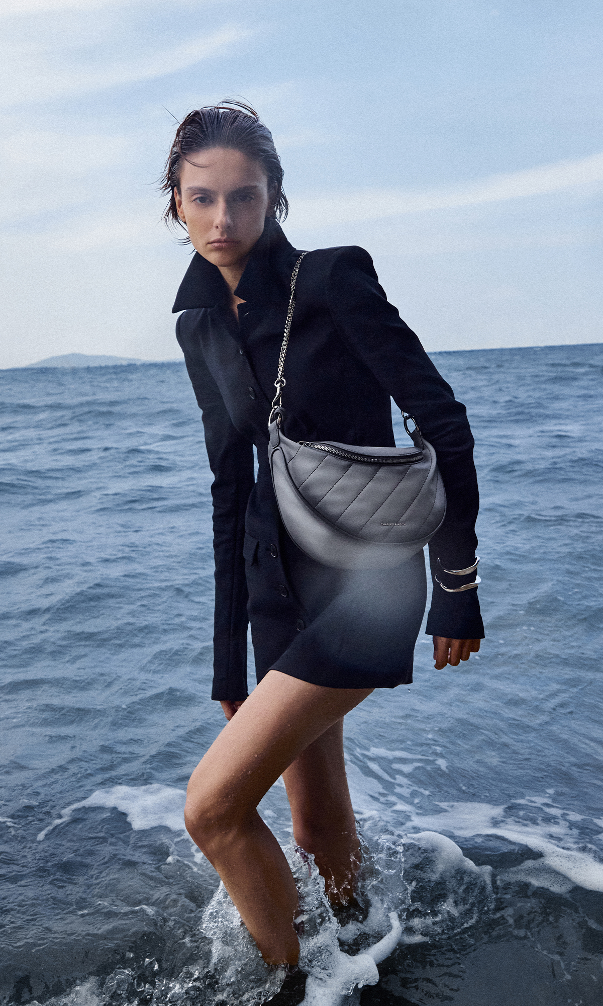 Light Grey Louise Burnished Knee-High Boots; Grey Bosie Ombre Micro Bag - CHARLES & KEITH 