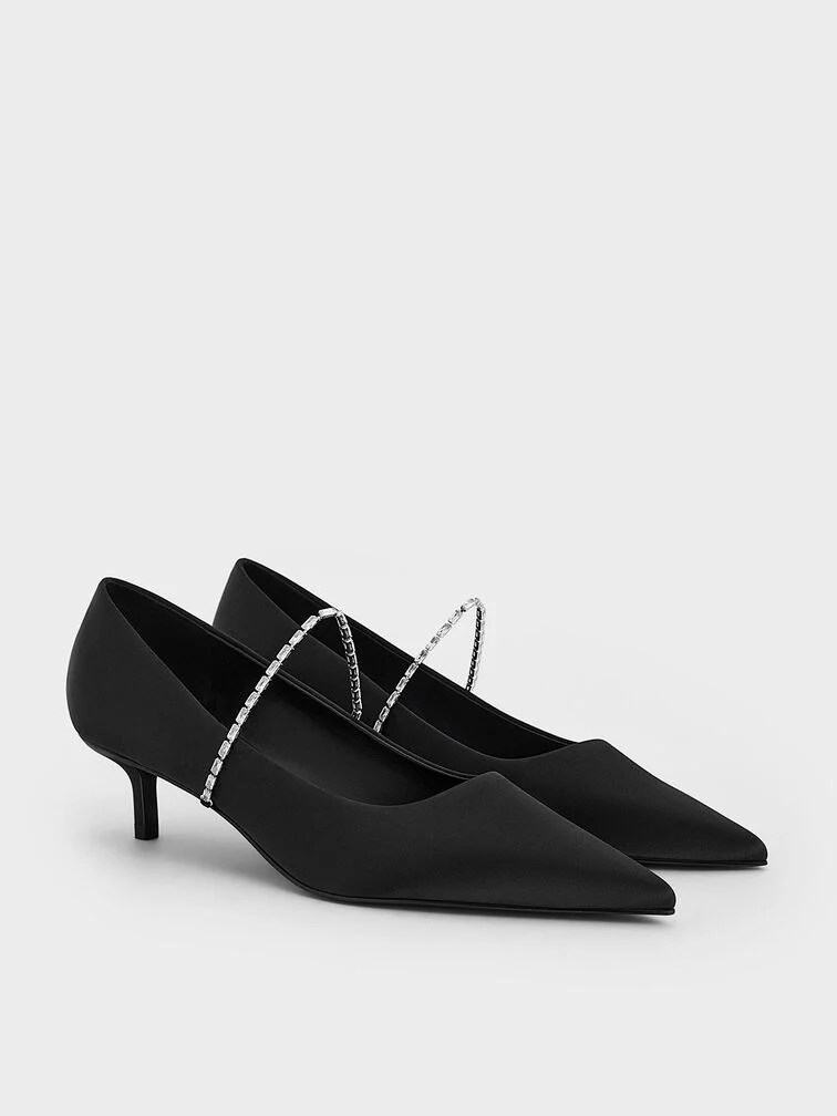 Women’s satin embellished-strap pointed-toe pumps in black – CHARLES & KEITH