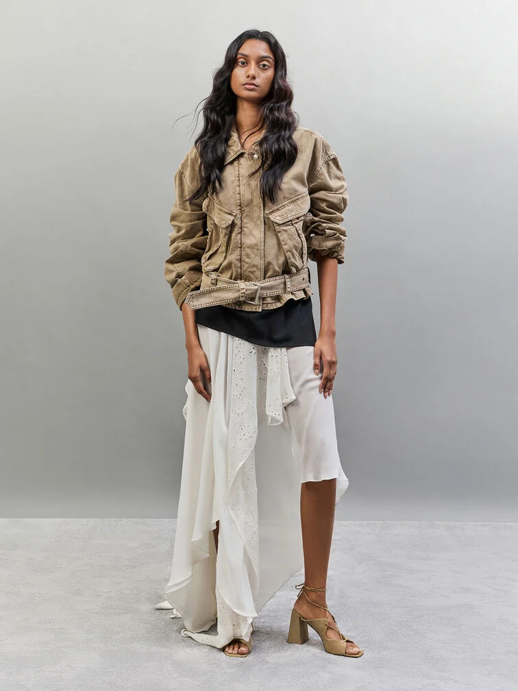 Suede heeled sandals styled with a soft, drapey cotton skirt to create textural contrast.
