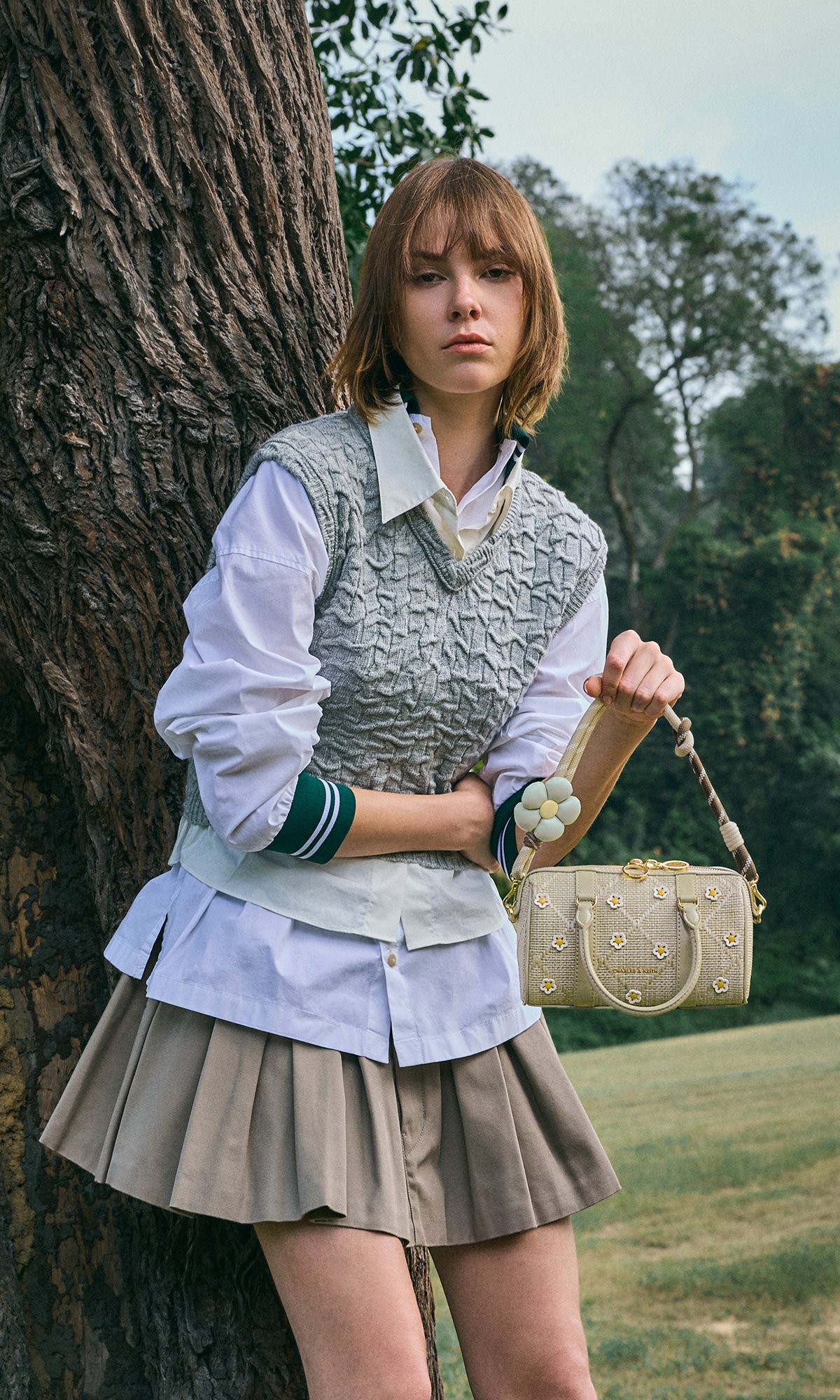 Pale Olive Philomena Raffia Flower Bowling Bag - CHARLES & KEITH