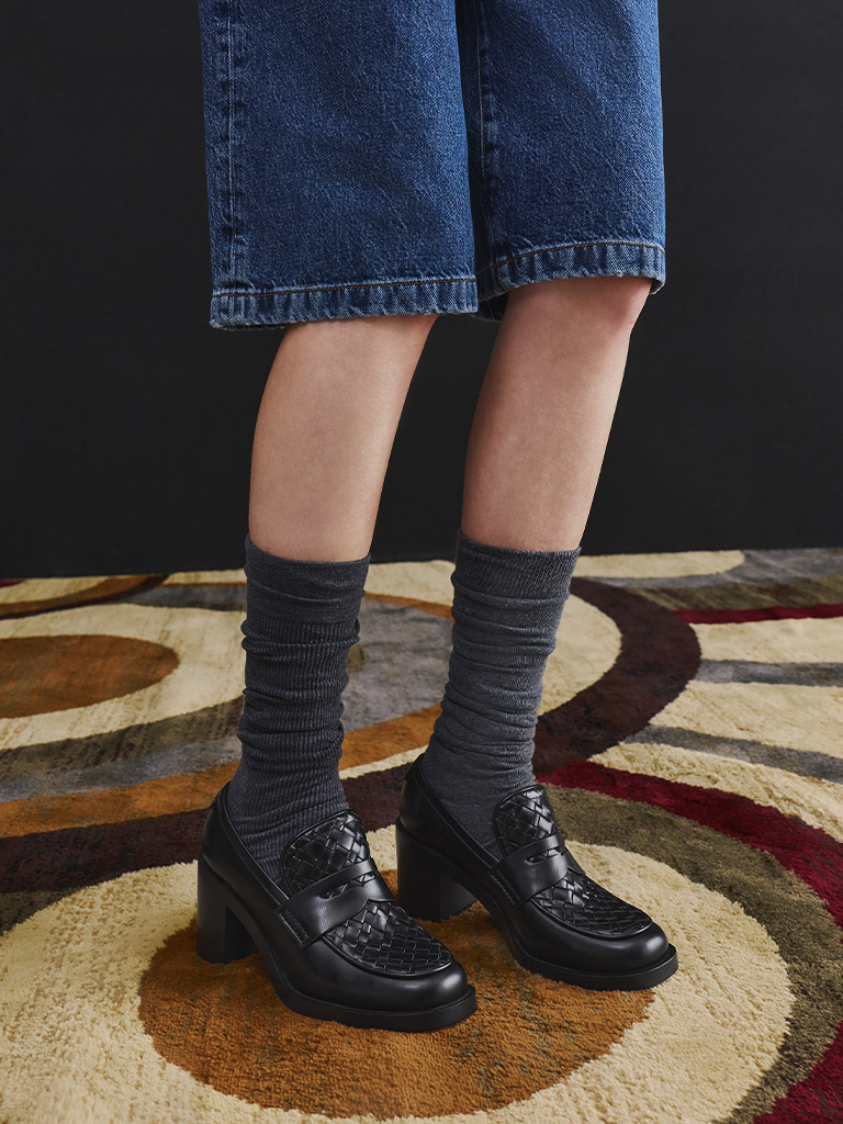 Women's Celia Faux Suede Buckled Multi-Strap Chunky Calf Boots in black textured — CHARLES & KEITH