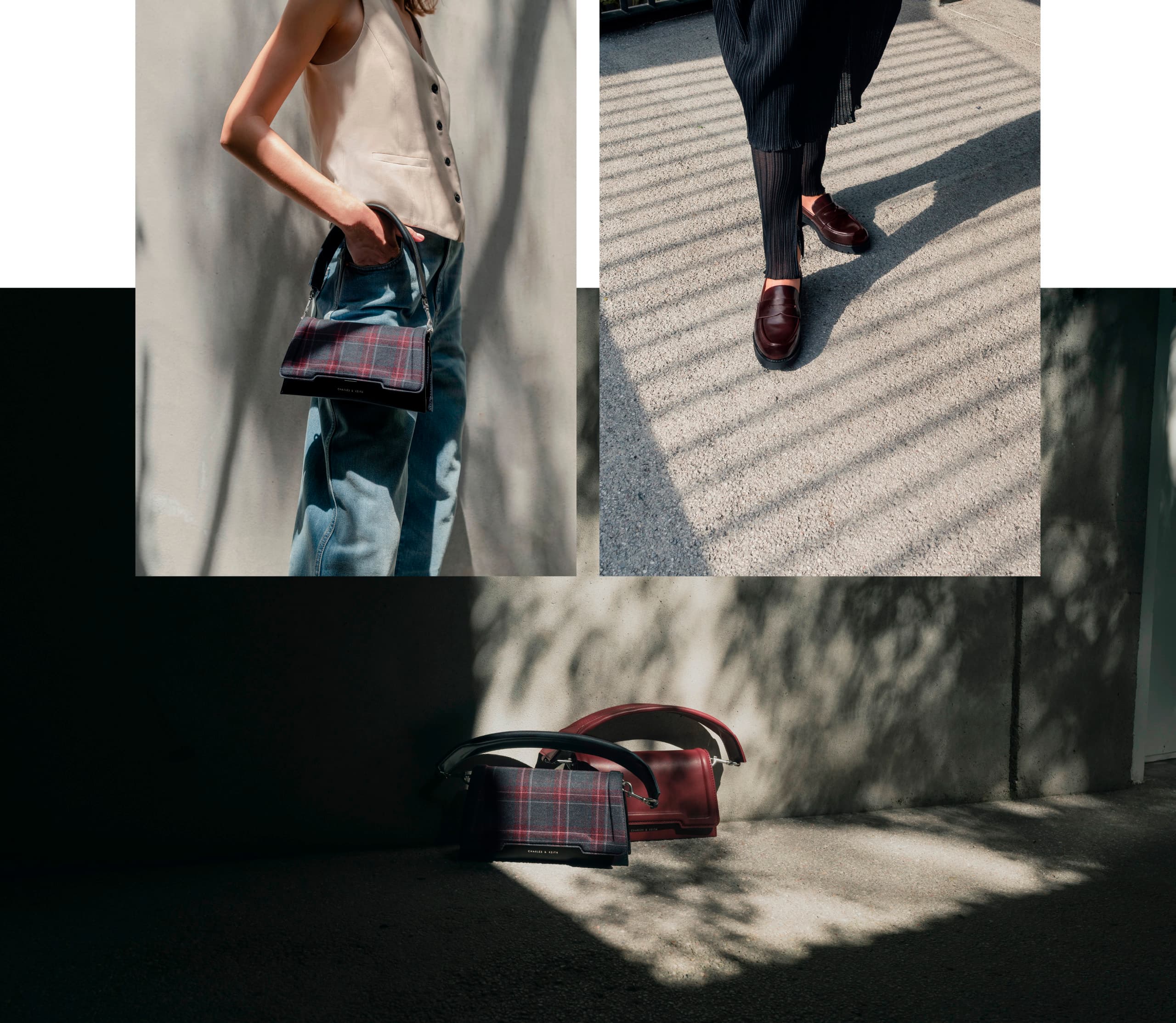 Women’s trapeze front flap bag in check print and burgundy – CHARLES & KEITH