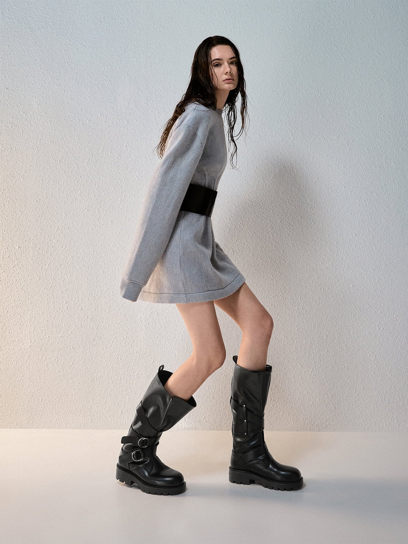 Black Double-Strap Knee-High Boots - CHARLES & KEITH