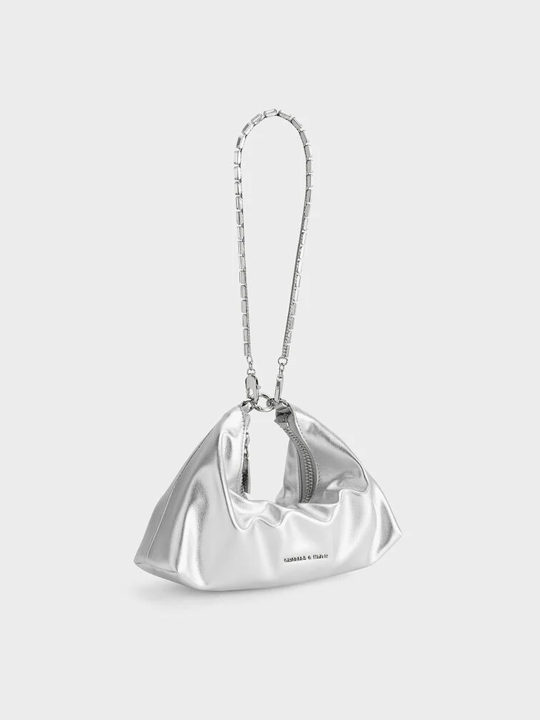 Women’s metallic crystal-embellished chain-handle two-way bag in dusk silver - CHARLES & KEITH