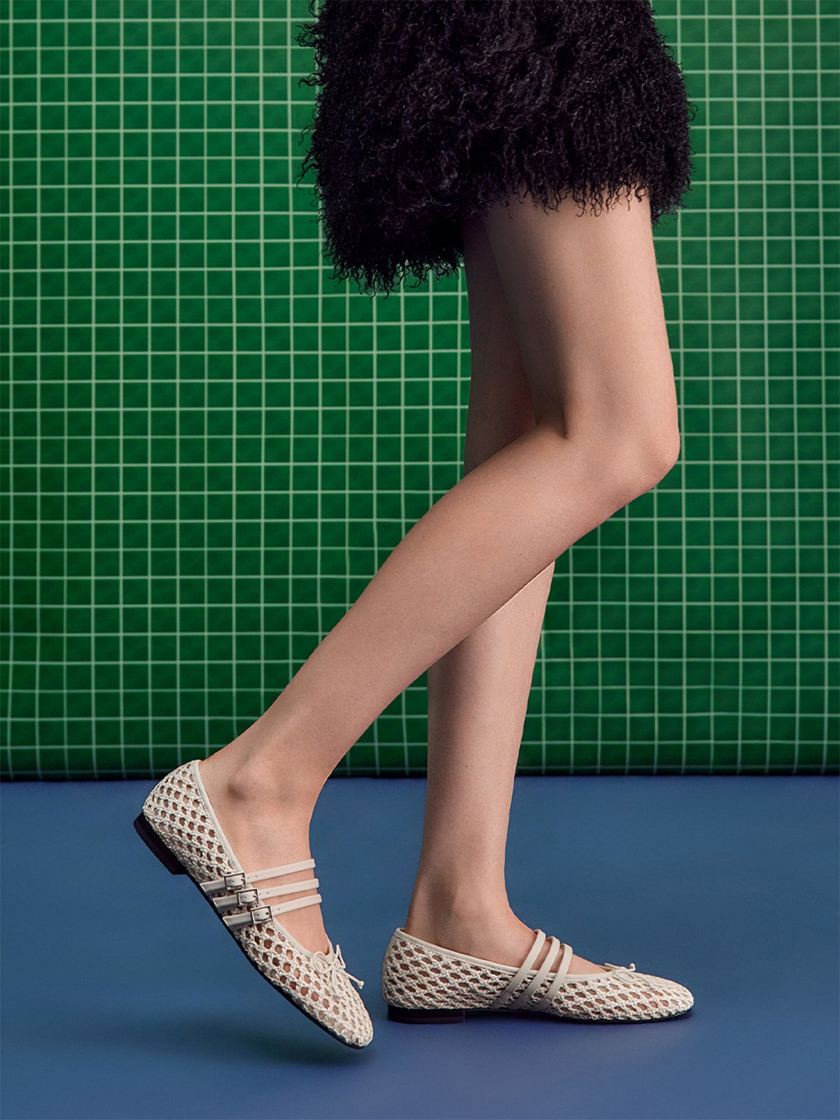 Chalk Woven Triple-Strap Mary Janes - CHARLES & KEITH