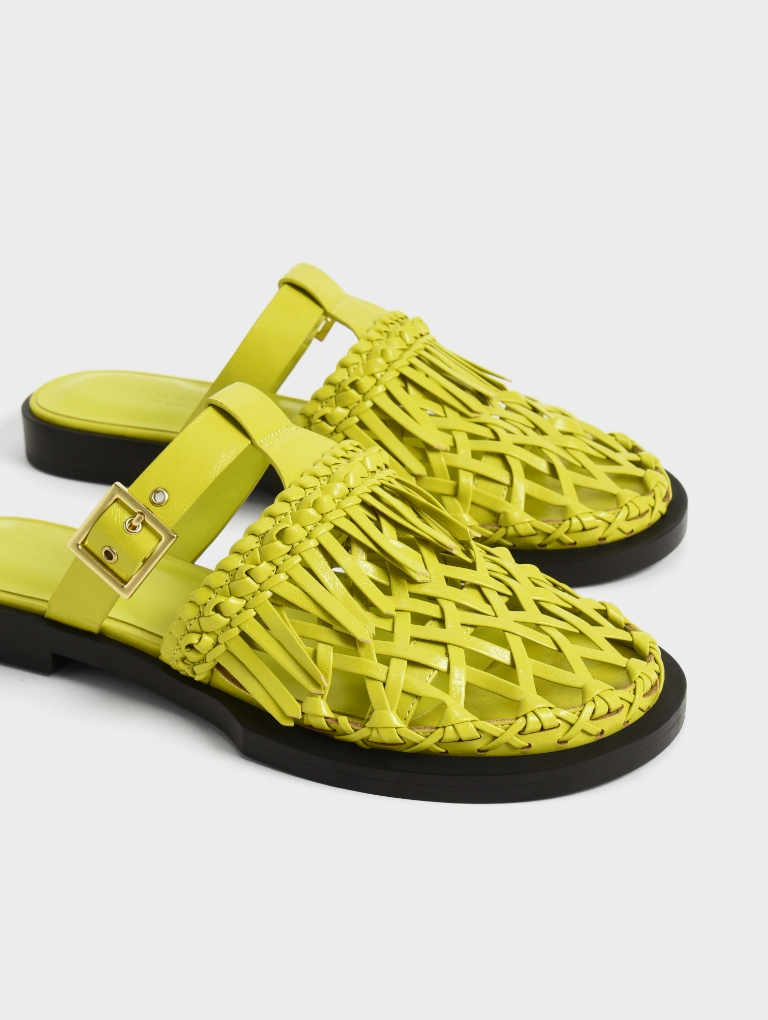 Women’s Panama fringe flat mules in lime  - CHARLES & KEITH