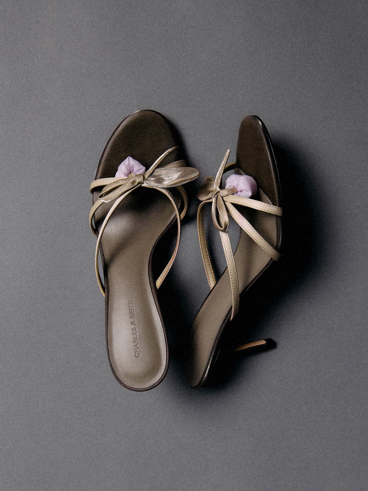 Dark Brown textured Bow Flower-Pearl Heeled Mules -  CHARLES & KEITH