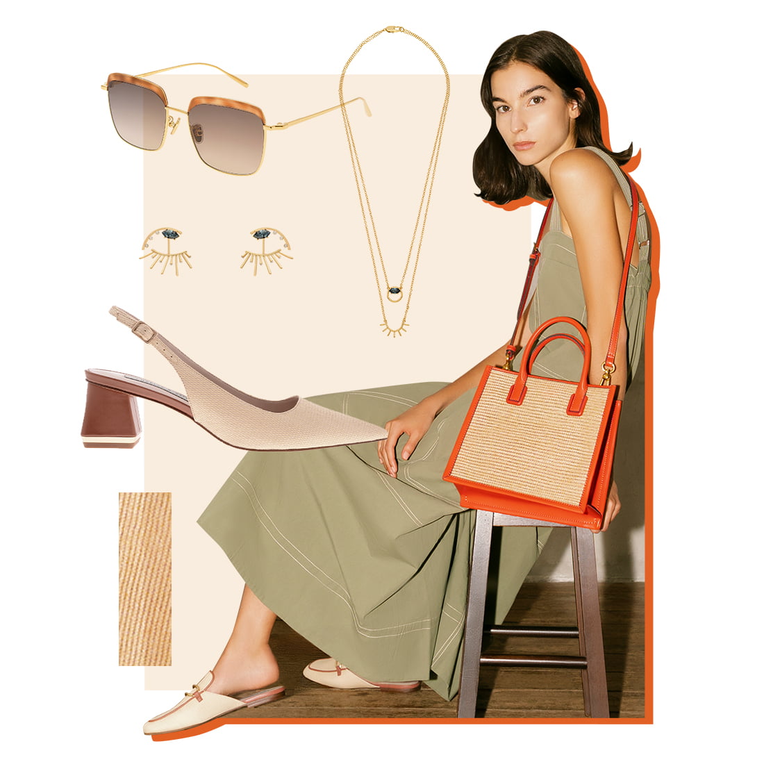Women’s raffia double handle tote bag and raffia metallic accent slingback pumps - CHARLES & KEITH