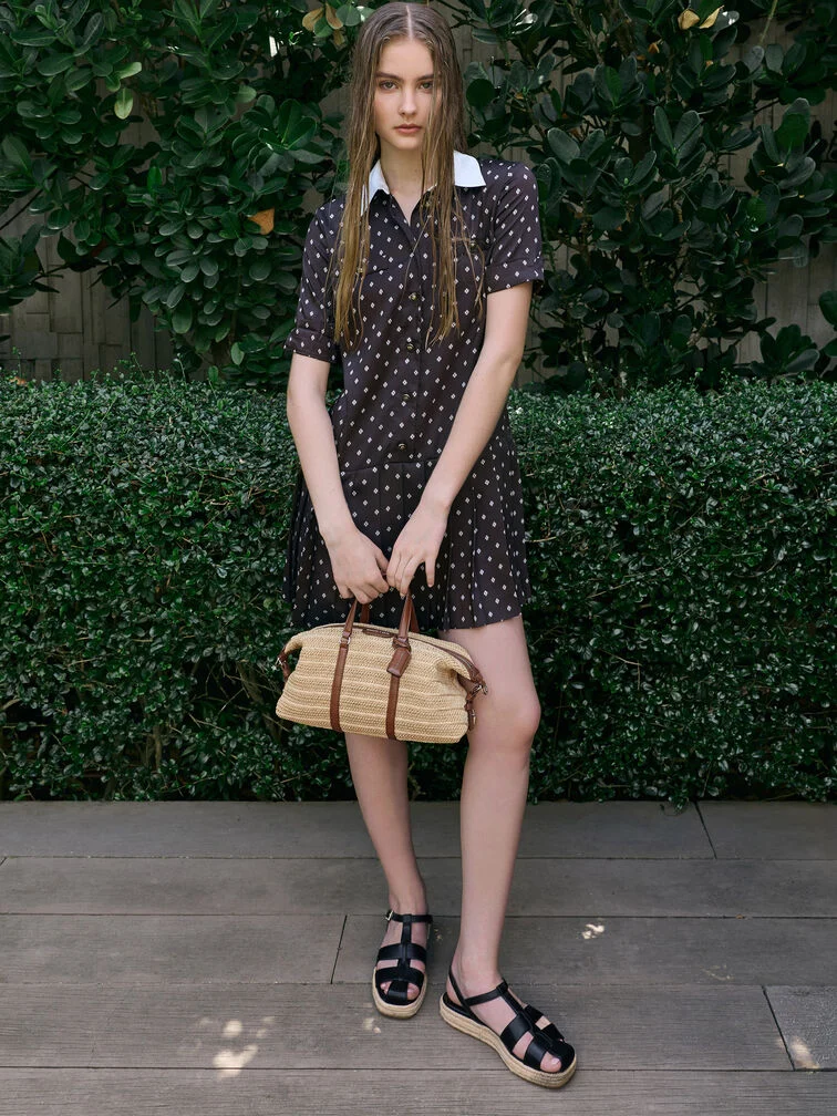 Woven bowling bag styled with a breezy polka dot mini dress and espadrille sandals.