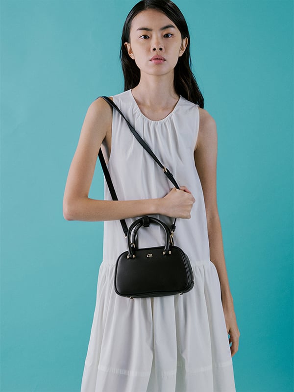 Black Leather Bowling Bag - CHARLES & KEITH