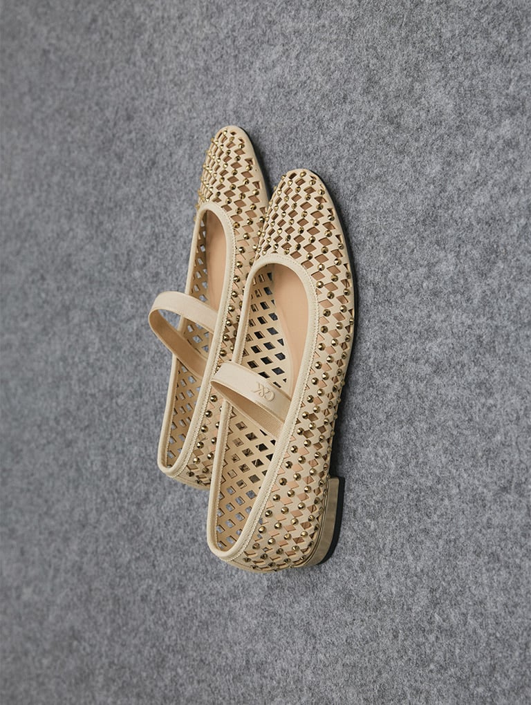 Women’s Studded Cut-Out Mary Jane Flats in cream - CHARLES & KEITH