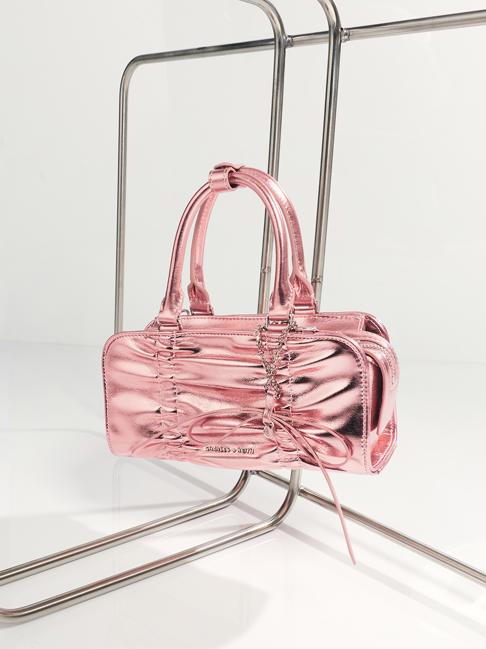 Women’s Kadee metallic ruched bow-charm bowling bag - CHARLES & KEITH