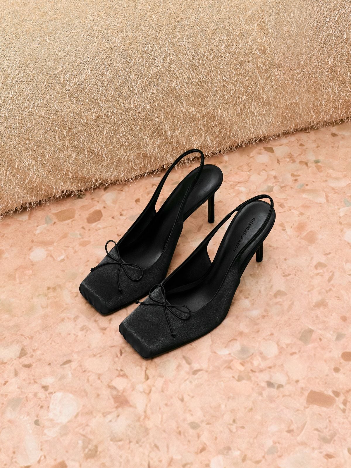 Black Textured Satin Ruched Stiletto Slingback Pumps - CHARLES & KEITH