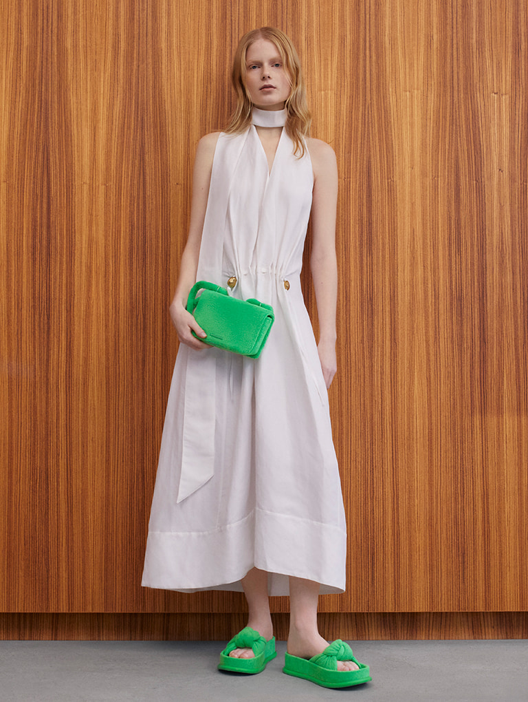 Women's Loey Textured Crossbody Bag and Loey Textured Knotted Slides, both in green - CHARLES & KEITH