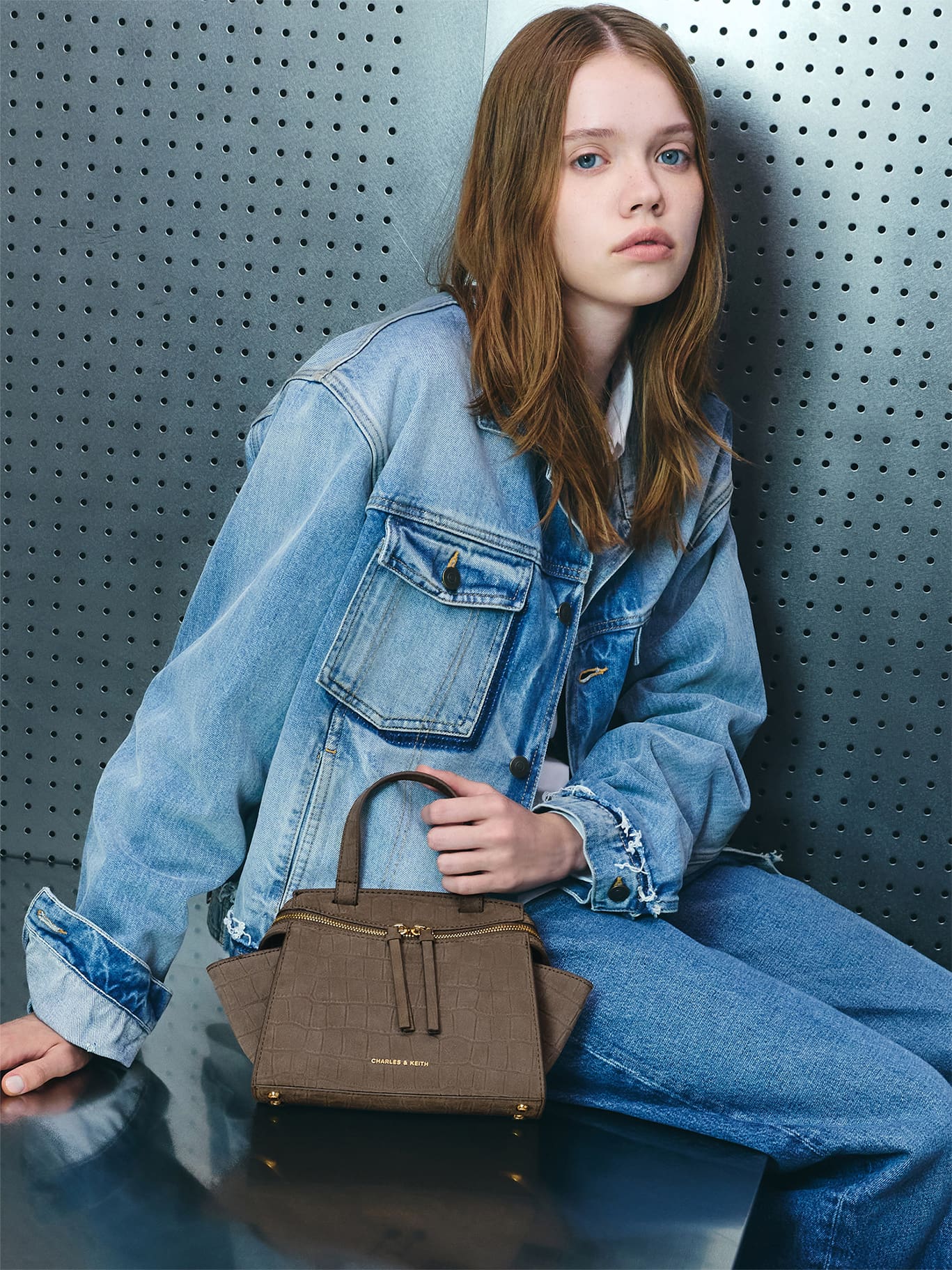 Stone Grey Pansy Trapeze Top Handle Bag - CHARLES & KEITH