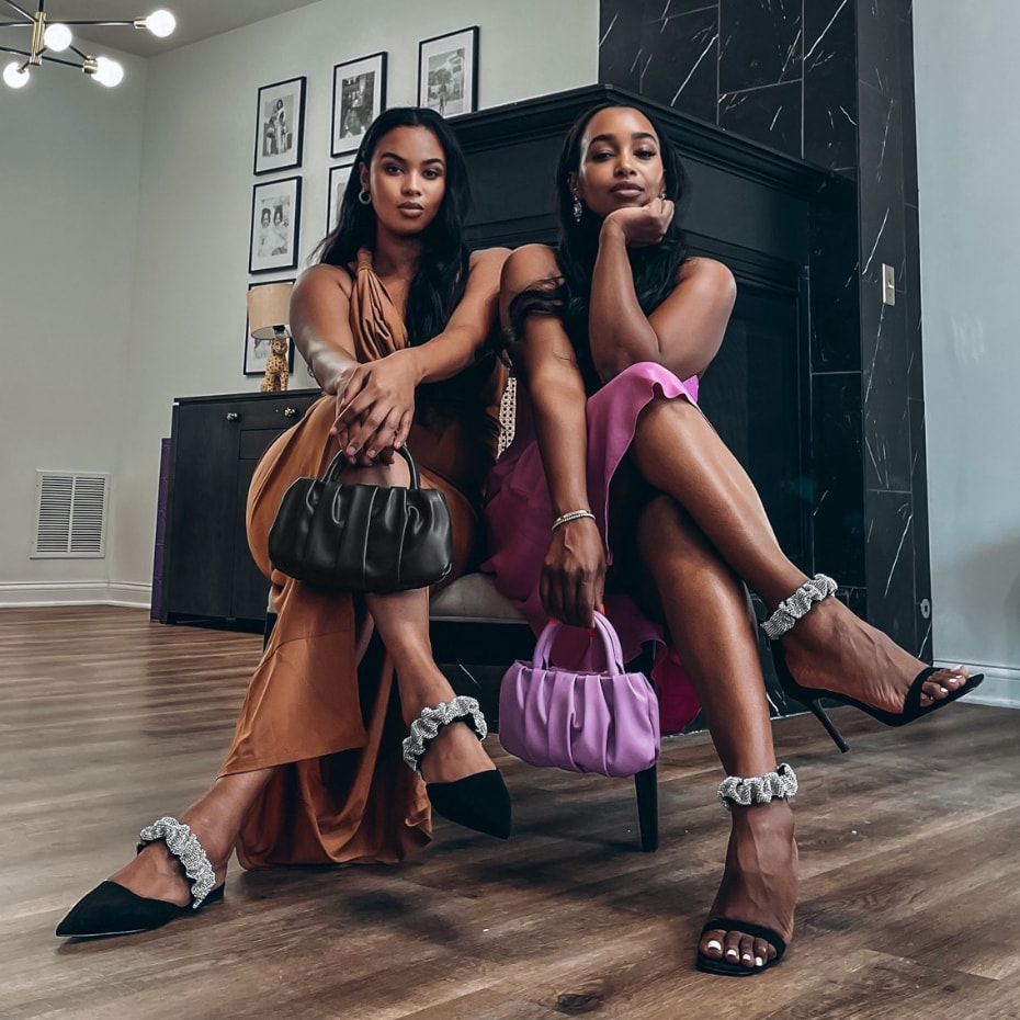 Women’s Claudette ruched top handle bags, gem-encrusted ruched strap textured mules and gem-encrusted ruffle strap stiletto sandals, as seen on Nasteha and Nuni Yusuf – CHARLES & KEITH