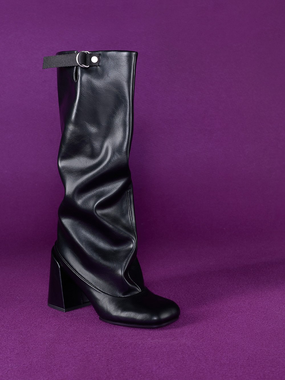 Women’s Robbie faux suede side-buckle block-heel knee-high boots in black - CHARLES & KEITH