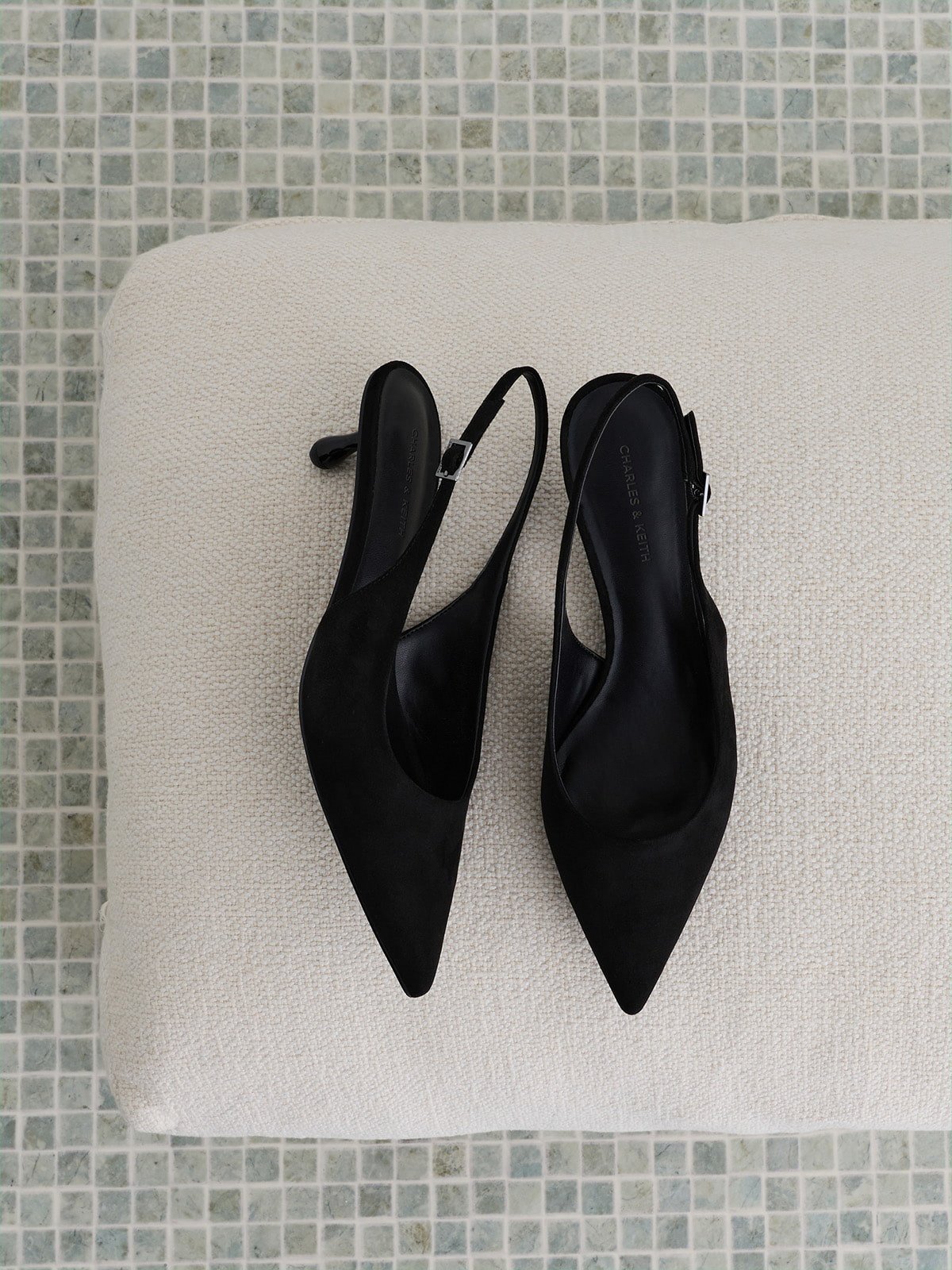 Black Textured Faux Suede Studded Pointed-Toe Pumps - CHARLES & KEITH