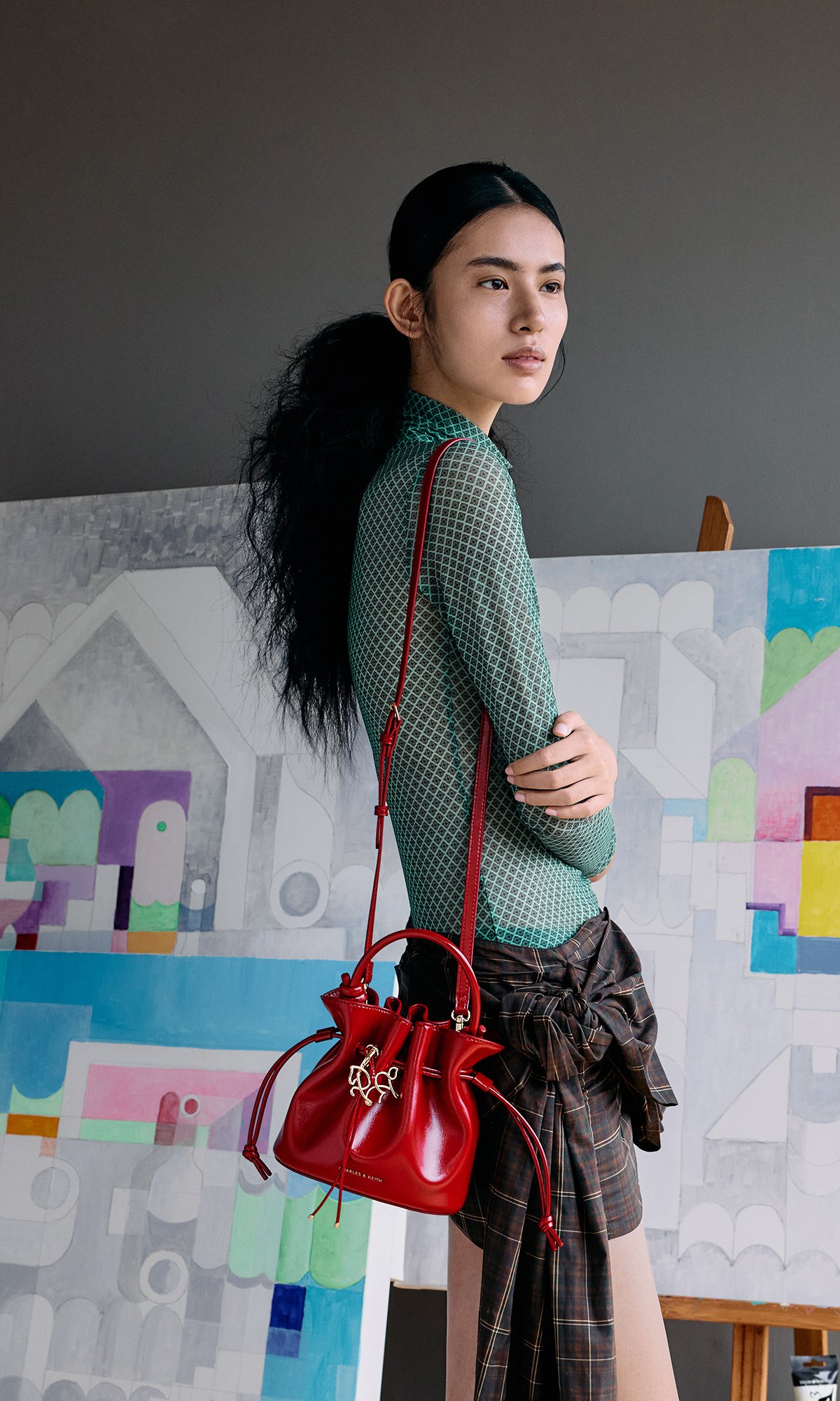 Gingham Blue Hazel Gingham Bow Elongated Shoulder Bag - CHARLES & KEITH