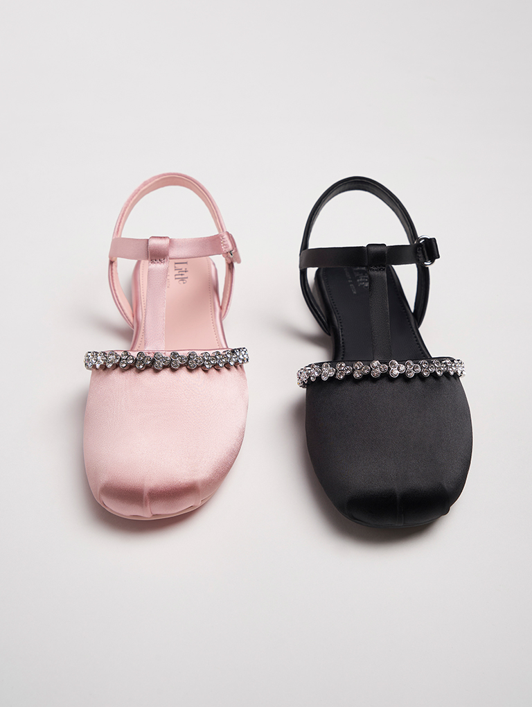 Girls' Satin Gem-Embellished T-Bar Flats in pink and black - CHARLES & KEITH