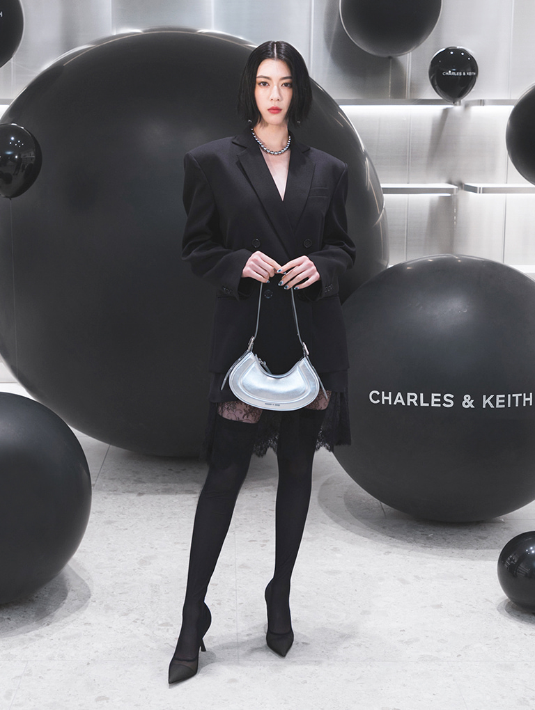 Women’s Petra curved shoulder bag and mesh slant-heel thigh-high boots, as seen on Ayaka Miyoshi – CHARLES & KEITH