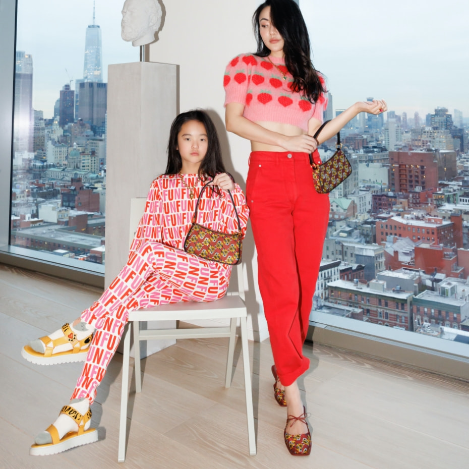 Tiger Print Jacquard Shoulder Bag in red, Girls’ Tiger Stripes Sports Sandals in yellow and Dionne Tiger-Print Jacquard Flat Mules in red - CHARLES & KEITH