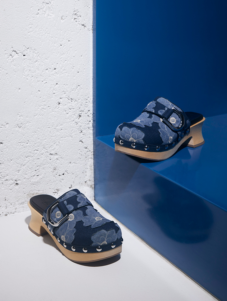 Women’s Gabine floral denim studded clogs  - CHARLES & KEITH