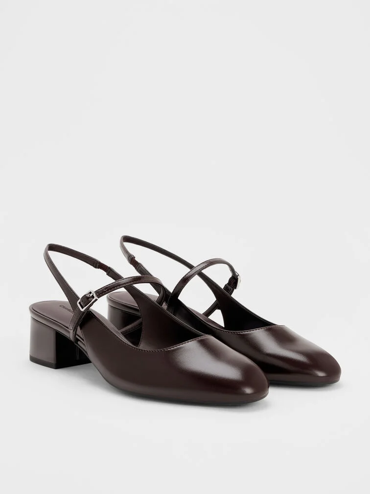  Brown block-heel slingback pumps, suitable for dressy-casual weddings.