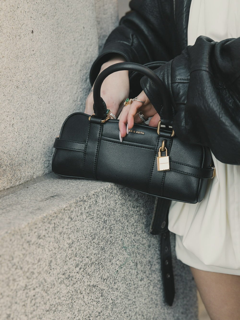 Scottie Bowling Bag and Kyra Calf Hair Leopard-Print Stiletto Sandals - CHARLES & KEITH