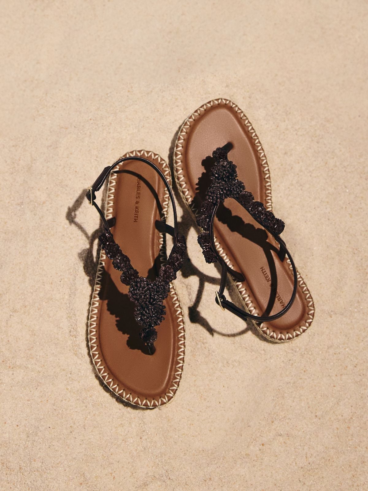 Dark Brown Flower Espadrille Thong Sandals - CHARLES & KEITH