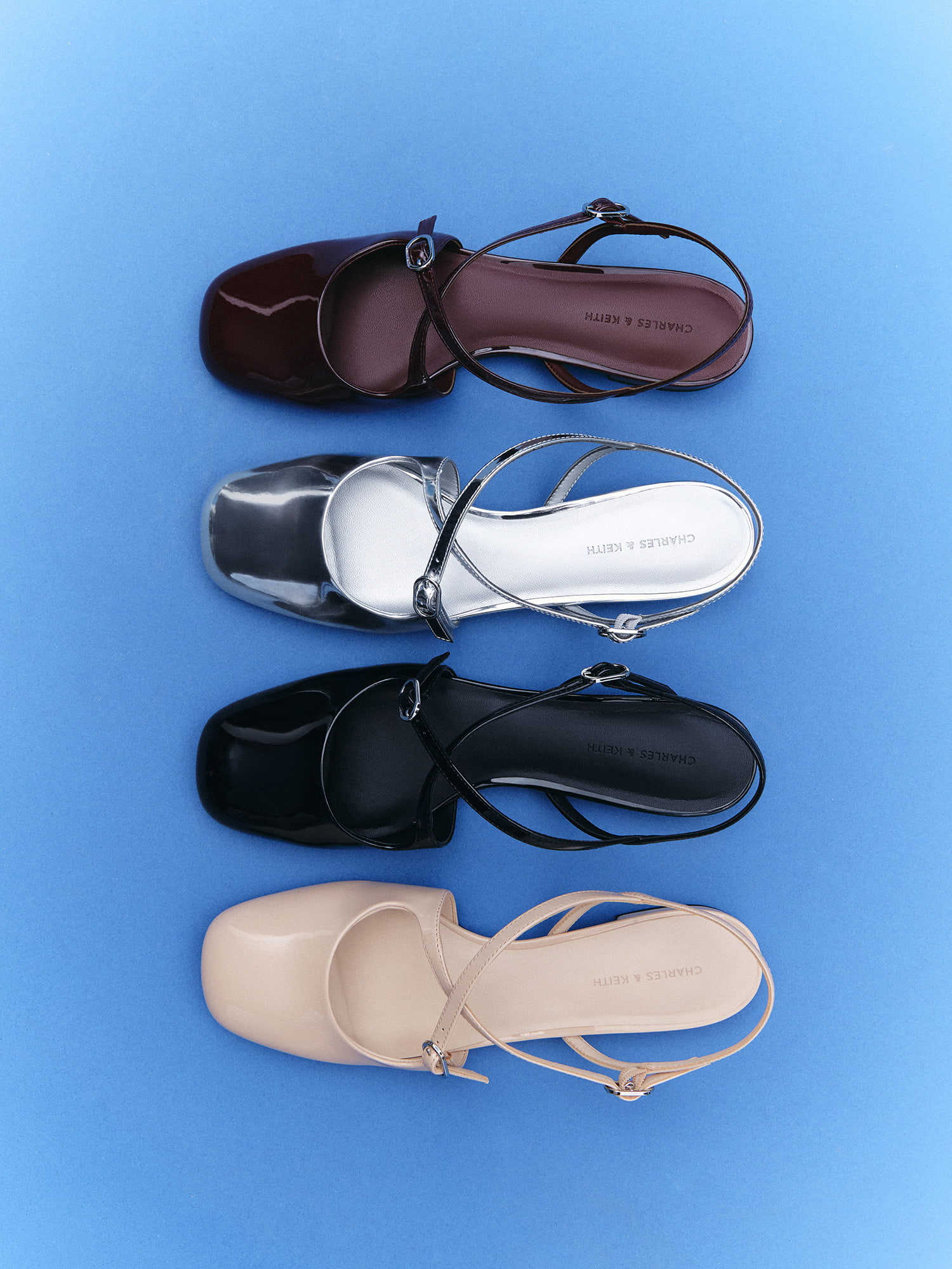 Black Patent Crossover Buckled Slingback Flats- CHARLES & KEITH