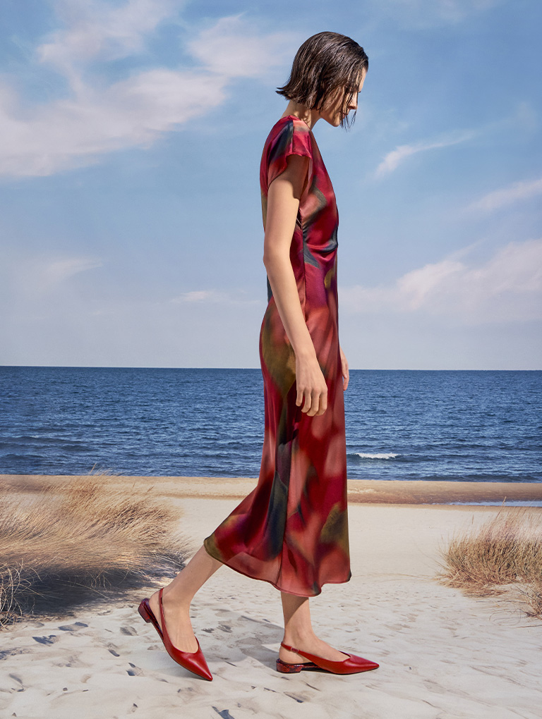 Women’s pointed-toe high-vamp slingback flats in red – CHARLES & KEITH