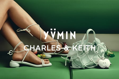 The YVMIN x CHARLES & KEITH collection featuring the Ally Ruched Slouchy Knotted Bag and Strappy Tie-Around Sandals