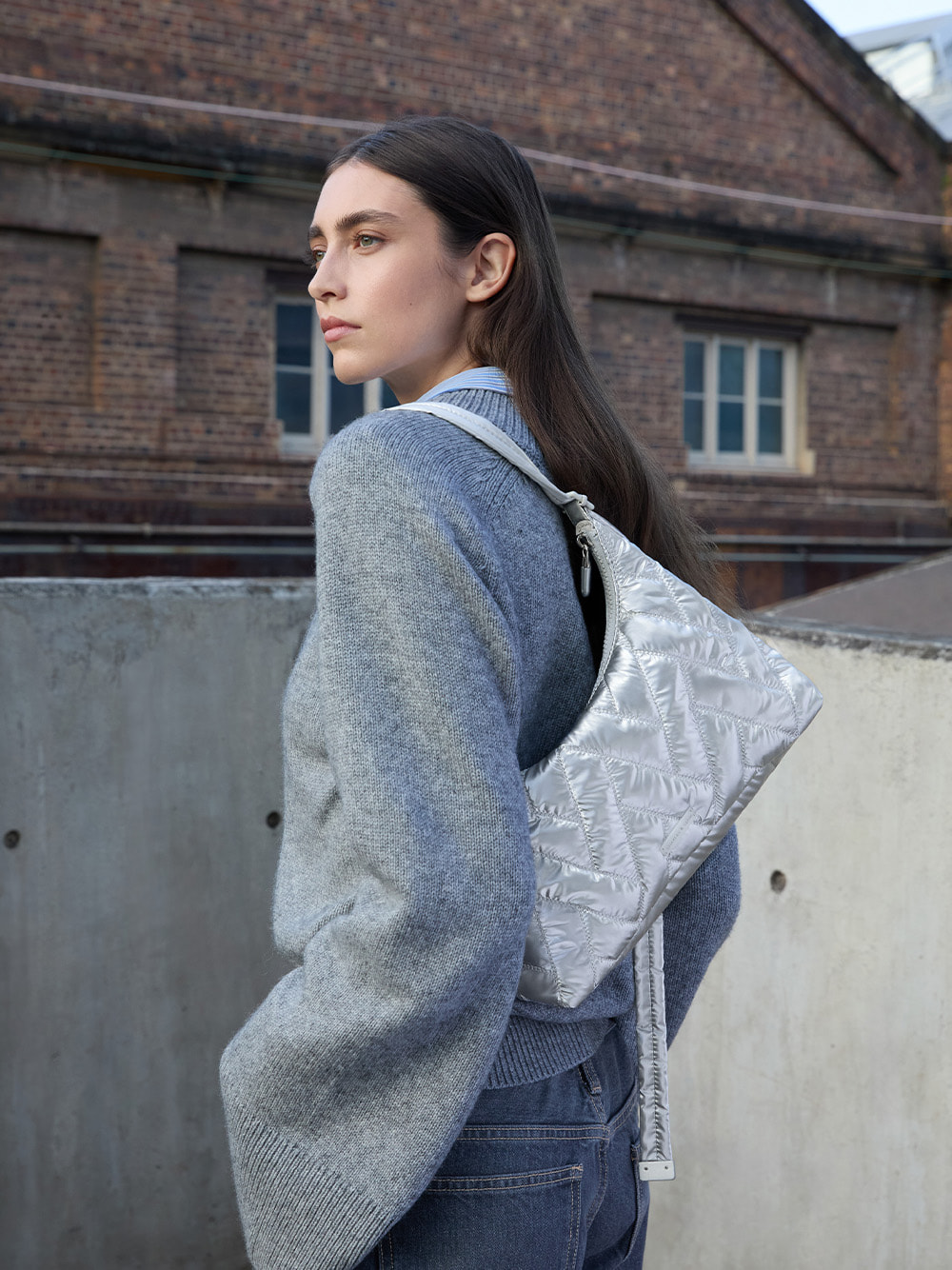 Women's Nylon Chevron Shoulder bag in metallic silver - CHARLES & KEITH