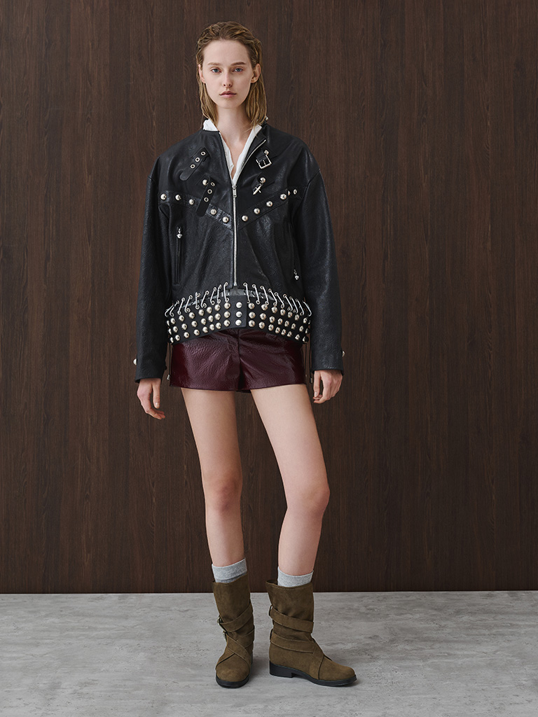 Women's Brett Faux Suede Buckle-Strap Calf Boots in dark brown textured — CHARLES & KEITH