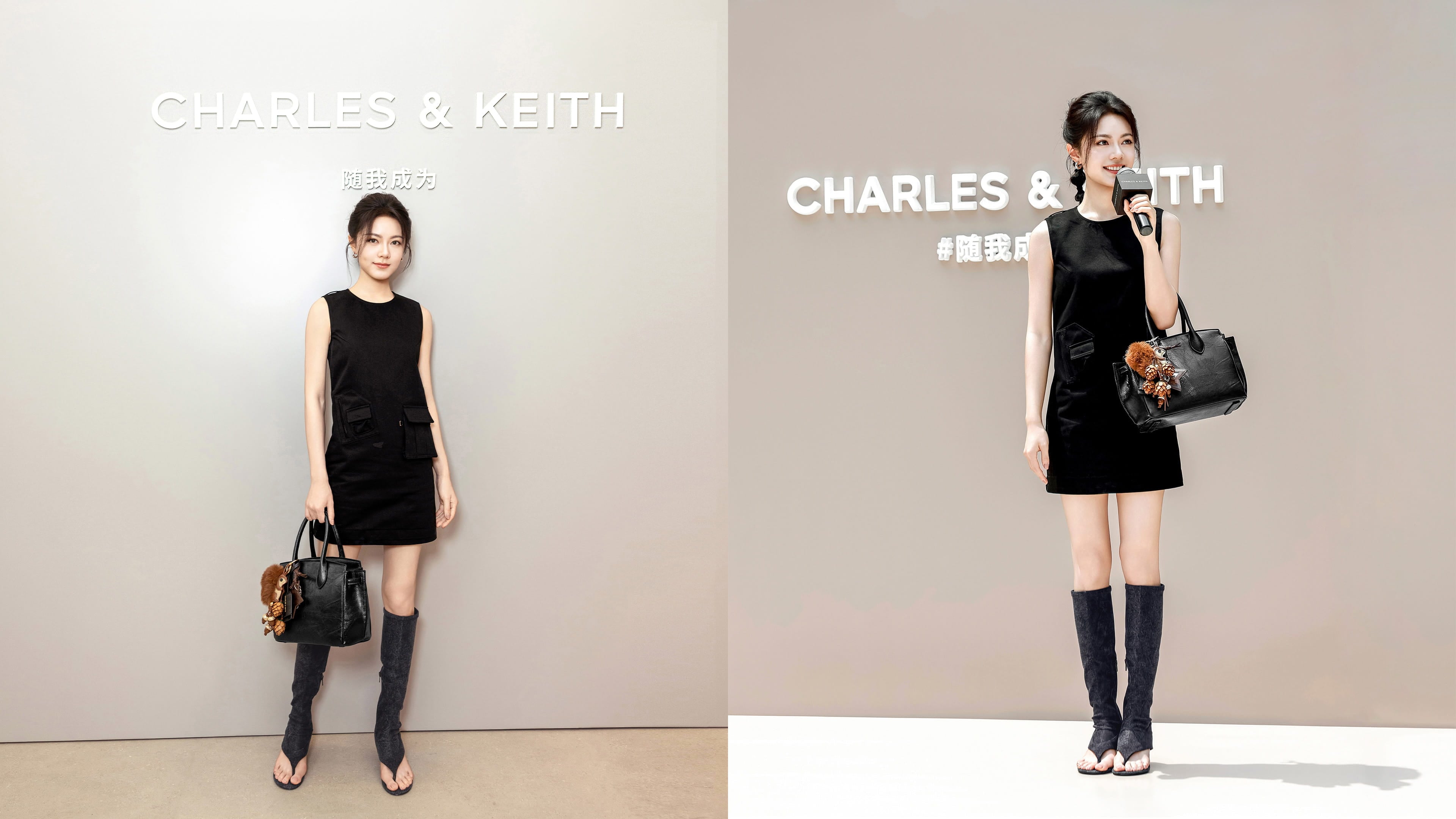 CHARLES & KEITH brand ambassador Zhao Jinmai wearing the Aether thong boots and carrying the Ginevra tote bag - CHARLES & KEITH