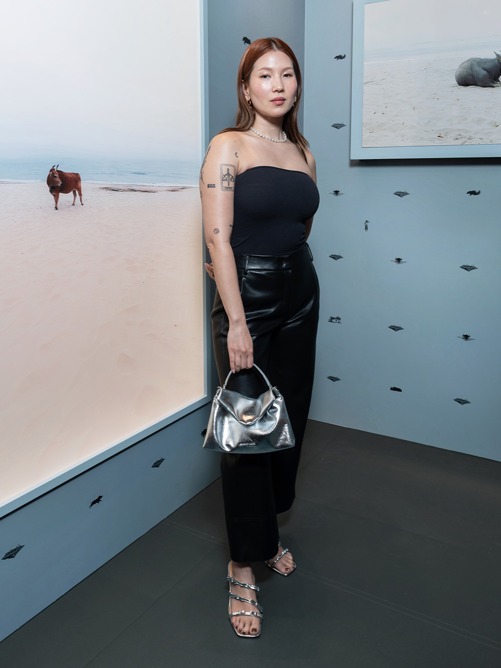 Women’s Andromeda metallic chunky-chain top handle bag and Jessy metallic leather bow heeled sandals, as seen on Kikuno Kiki - CHARLES & KEITH
