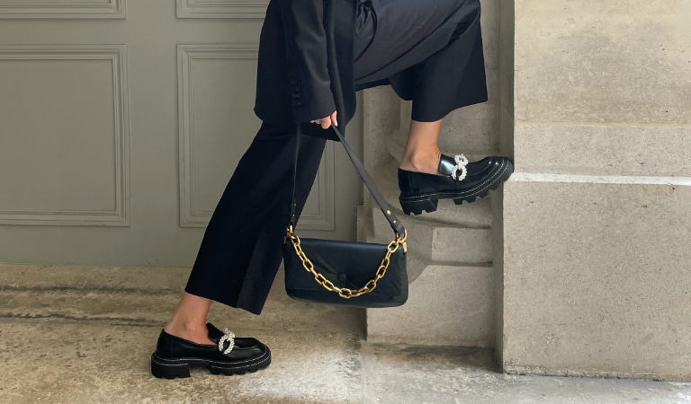 Women’s Zadie padded shoulder bag in black and Perline beaded platform loafers in black - CHARLES & KEITH